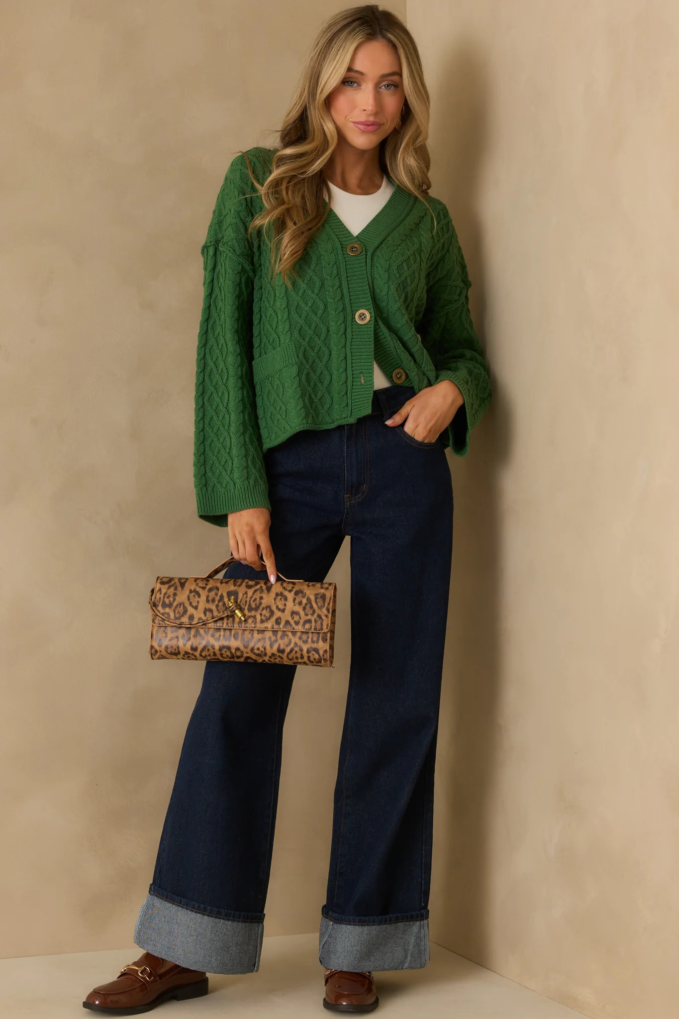 For Old Time’s Sake Forest Green Cable Knit Button Up Cardigan | Red Dress