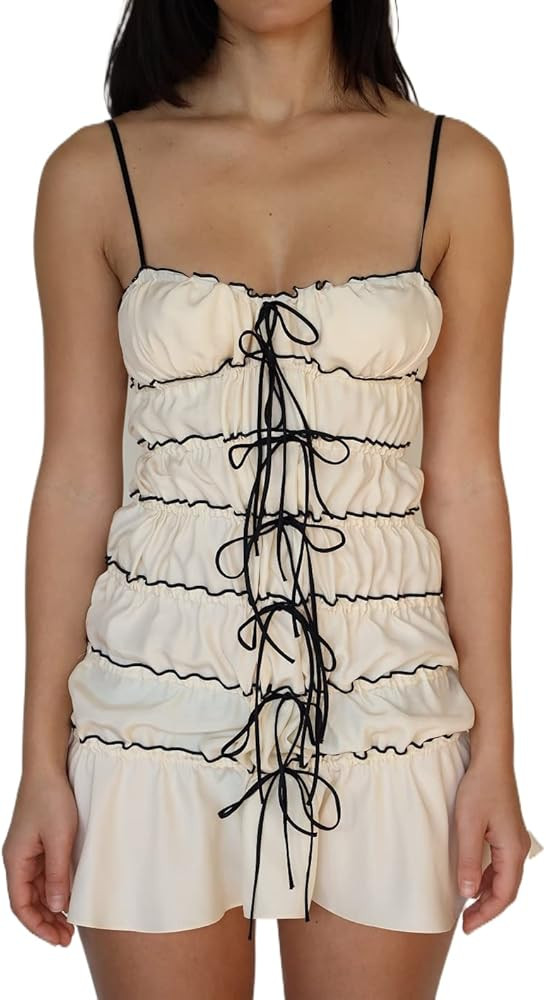 Y2K Women Sexy Strapless Tube Mini Dress Lace Patchwork Bandeau Bodycon Short Going Out Dresses S... | Amazon (US)