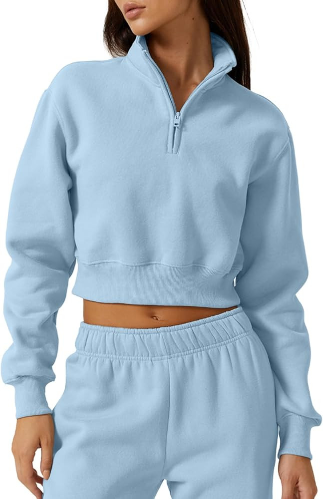 QINSEN Womens Half Zip Crop Sweatshirt High Neck Long Sleeve Pullover Cropped Top | Amazon (US)