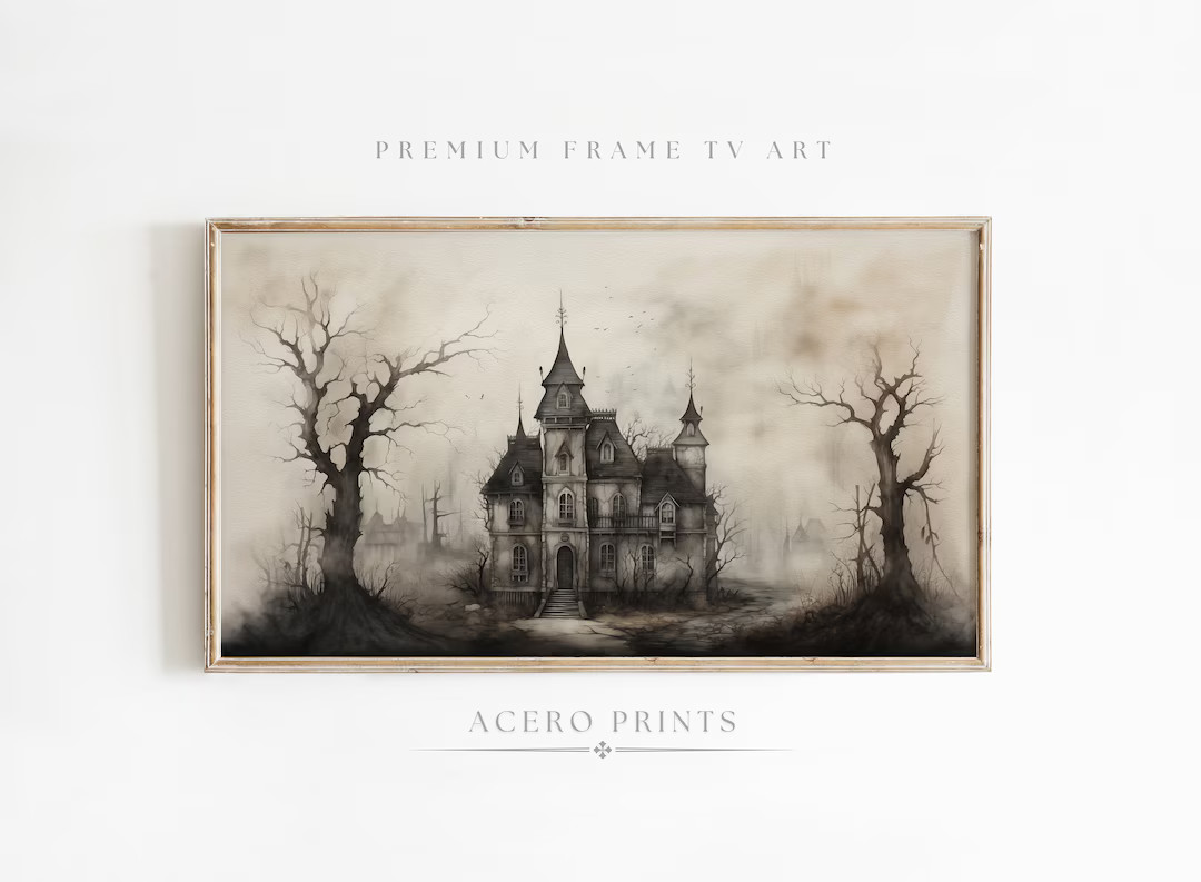 Halloween Frame TV Art, Dark Moody Digital Painting, Vintage Haunted House, Spooky Farmhouse Fram... | Etsy (US)