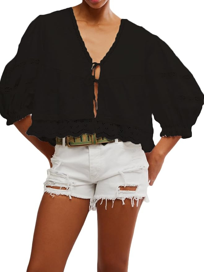 Boho Tie Front Blouse for Women Y2k Puff Sleeve Lace Embroidered Peplum Top Flowy Sheer Eyelet De... | Amazon (US)