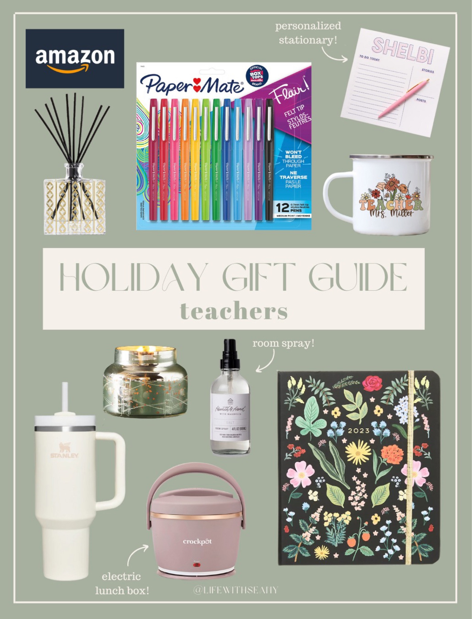 Holiday gift guide for the teachers in your life! Show them how much they mean to you and your kids with a nice personalized mug or stationary, a nice diffuser or candle, a planner, the best lens, the Stanley cup, and more! 

#LTKunder50 #LTKHoliday #LTKGiftGuide