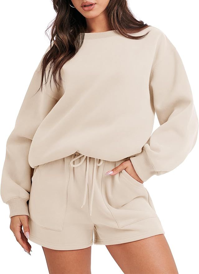 Caracilia Women 2 Piece Outfits Oversized Sweatshirt Shorts Lounge 2023 Fall Fashion Casual Tacks... | Amazon (US)