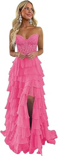 REIOKJT Lace Tiered Prom Dress Sweetheart Homecoming Dress with Slit Ruffle Chiffon Prom Dresses Light Pink US4 | Amazon (US)
