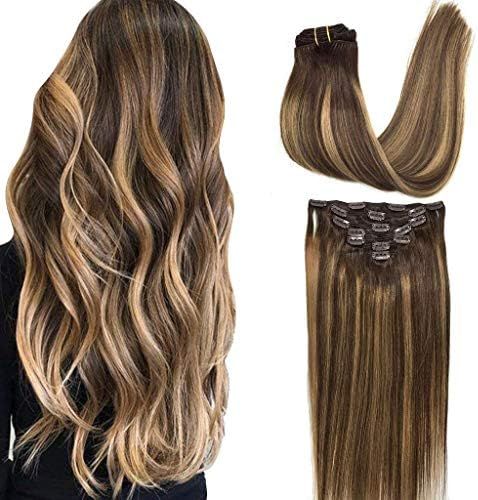 GOO GOO Hair Extensions Clip in Human Hair Ombre Chocolate Brown to Caramel Blonde 120g 7pcs Remy... | Amazon (US)