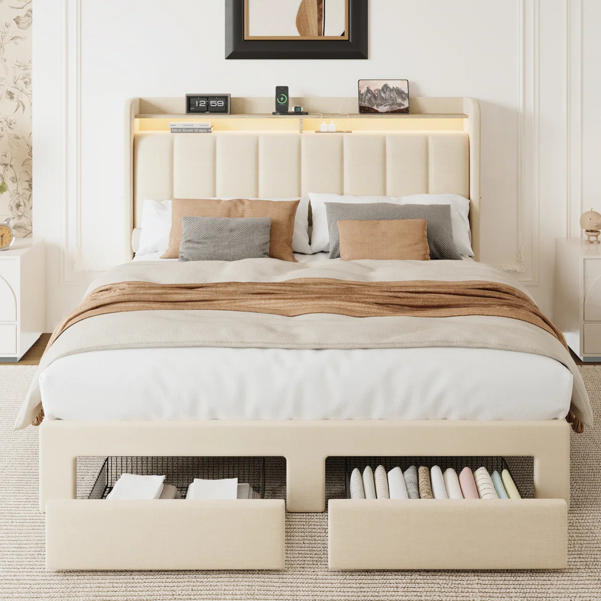 Upholstered Platform Bed Frame With Wingback Design Headboard,Charging Station,LED Lights And 2 S... | Wayfair North America