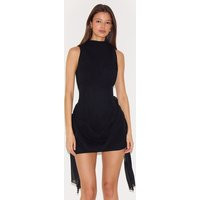 Black Chiffon Boat Neck Drape Detail Mini Dress | PrettyLittleThing US