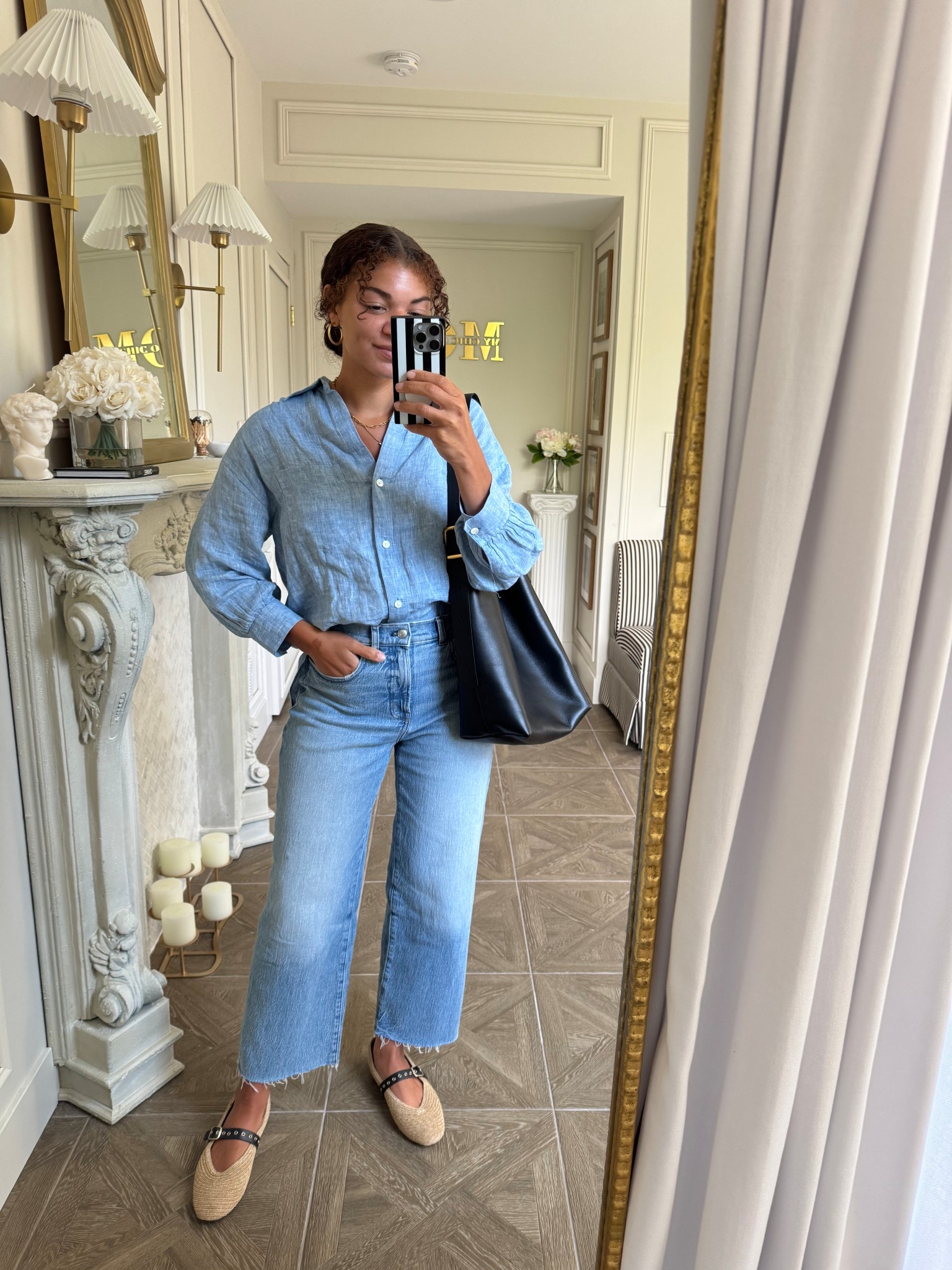 Style a casual spring summer outfit with a light blue linen shirt, light wash jeans, flats, and a tote bag 

#LTKStyleTip #LTKSeasonal