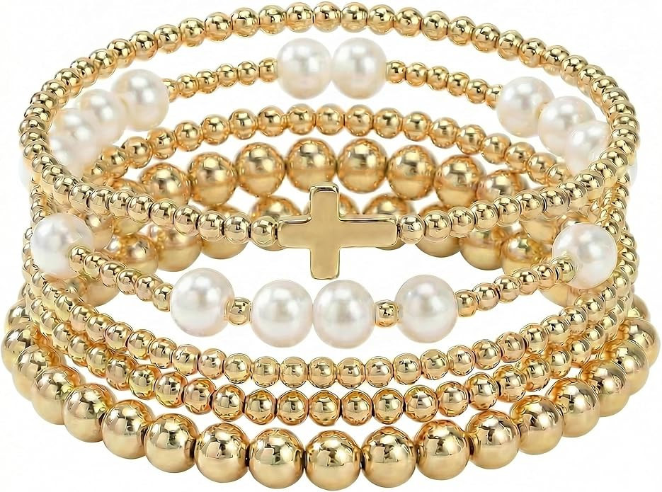14K Gold Plated Pearl Beaded Cross Bracelets Stack Set for Women,Stretch Boho Colorful Christian ... | Amazon (US)