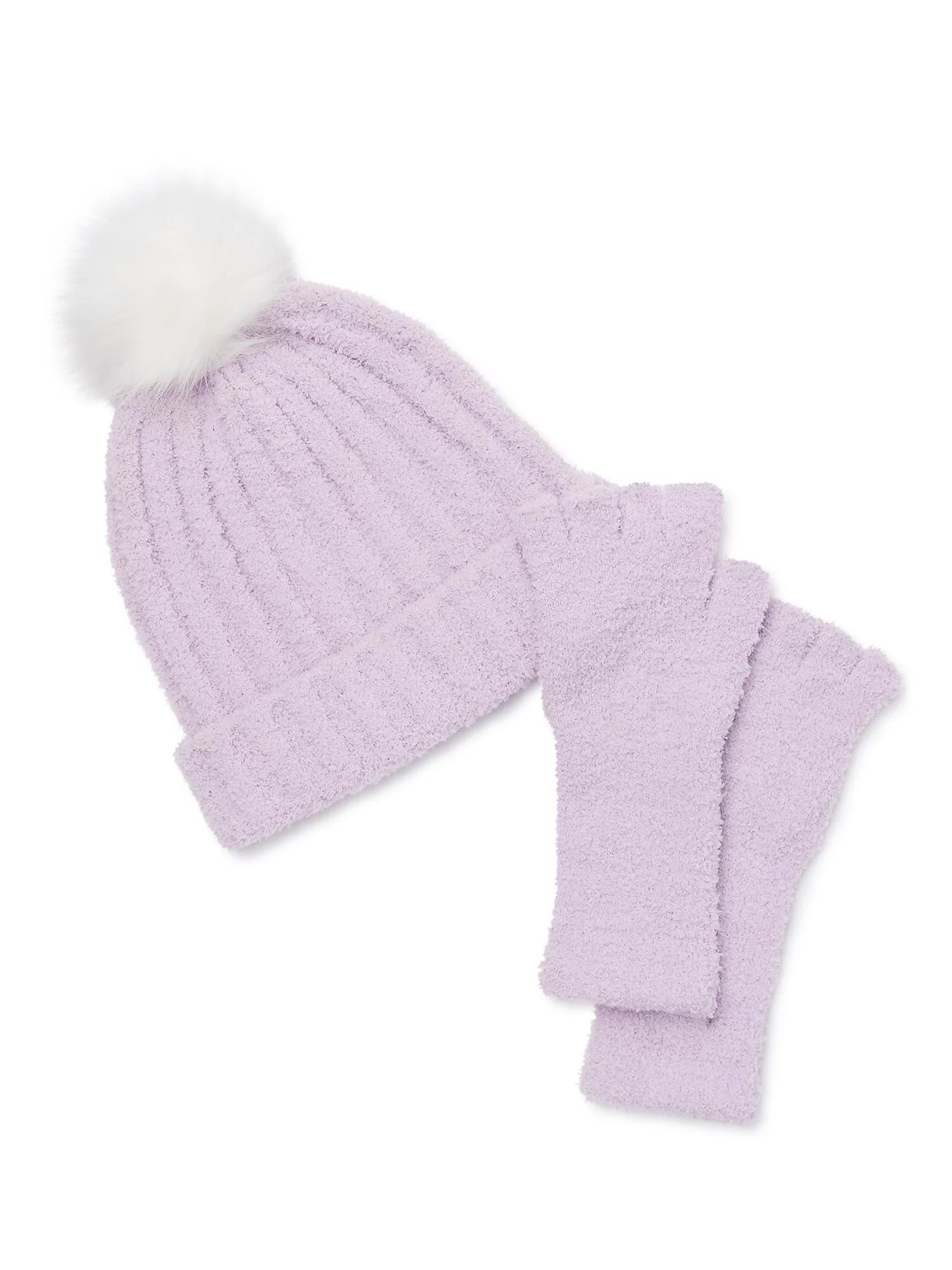 Time and Tru Women's Chenille Beanie Hat and Fingerless Gloves Set, 2-Piece, Lavender | Walmart (US)