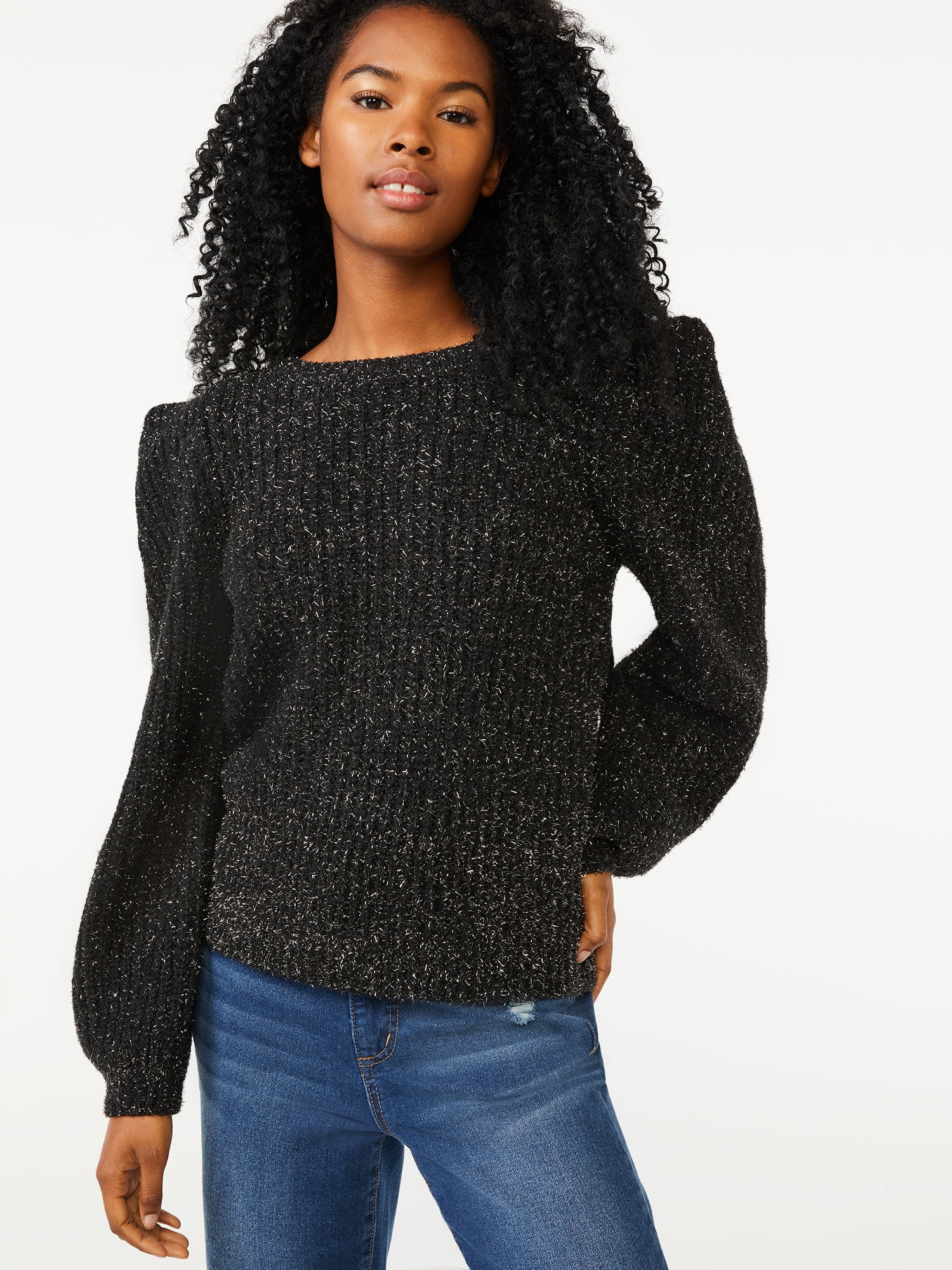 Scoop Women's Soft Tinsel Sweater with Shoulder Detail - Walmart.com | Walmart (US)
