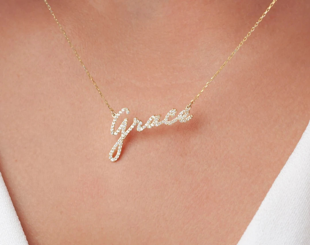 Diamond Name Necklace, 14k Gold Name Necklace, Pave Name Necklace, Personalized Gift, Personalize... | Etsy (US)