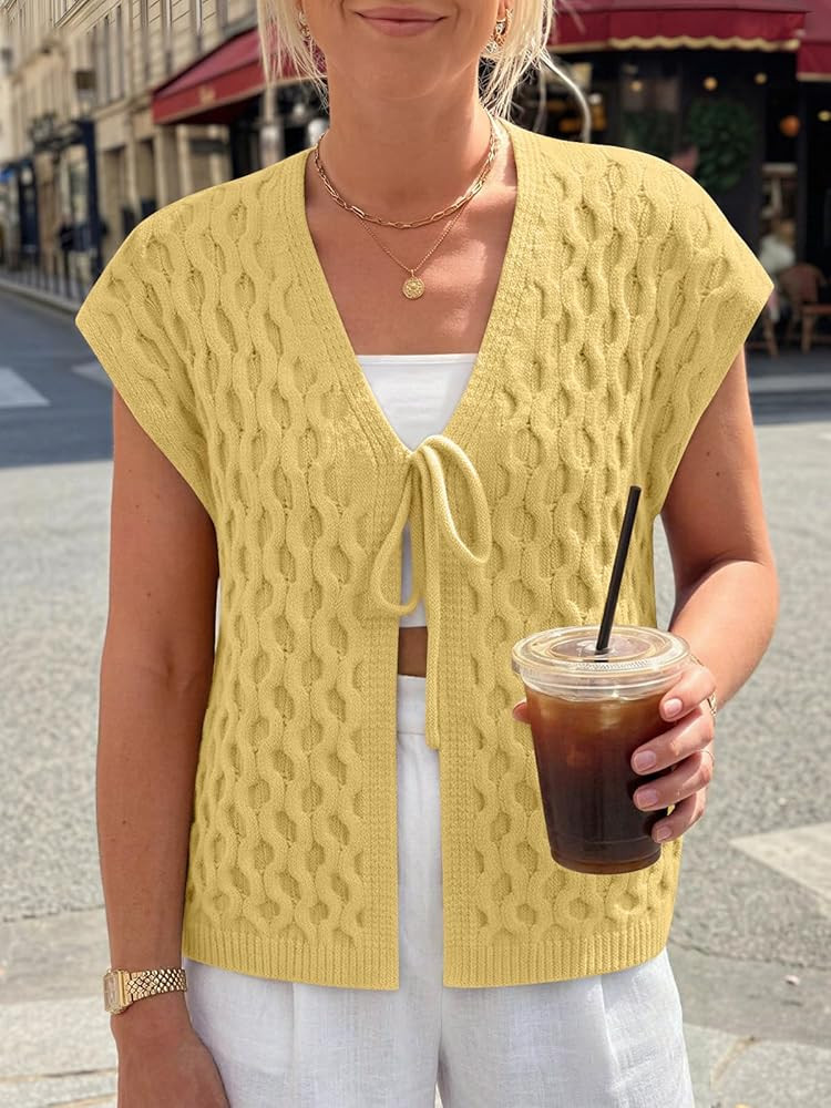 LILLUSORY Womens Summer Beach Vacation Tie Front Tops Crochet Crop Sweater Vest Y2K Clothes Trend... | Amazon (US)