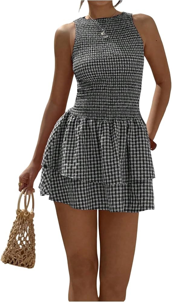 Milumia Women's Summer Gingham Mini Dress Sleeveless Tiered Ruffle Hem Smocked Waist A Line Short... | Amazon (US)