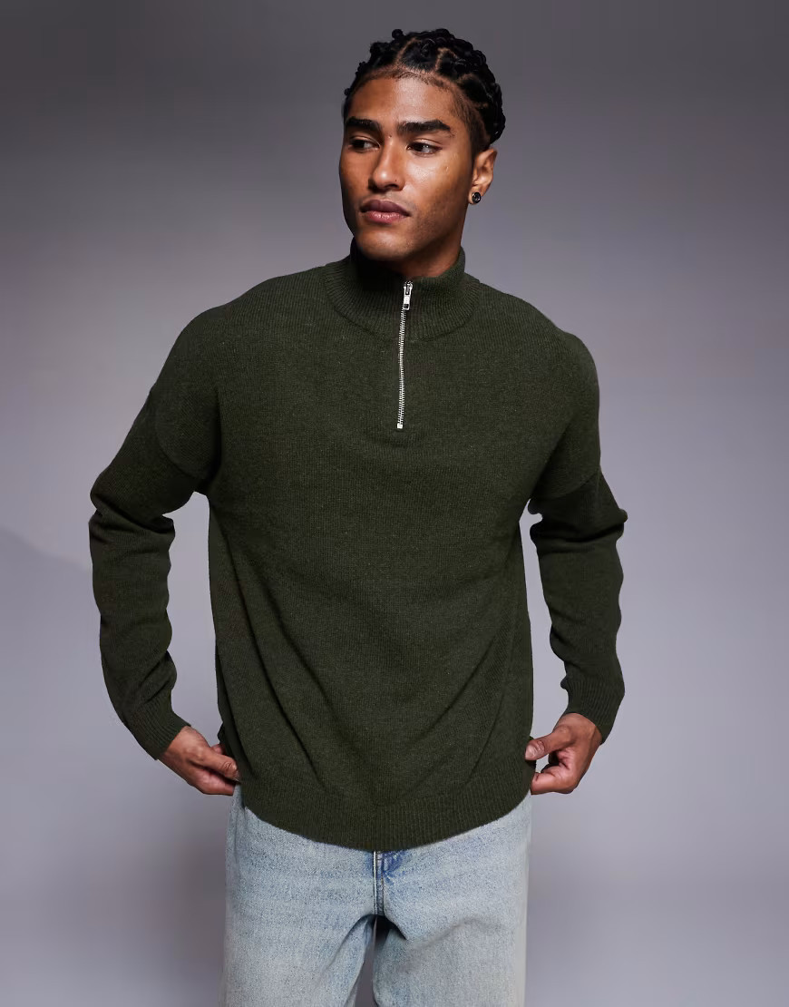 ASOS DESIGN oversized knitted lambswool half zip jumper in khaki marl-Green | ASOS (Global)
