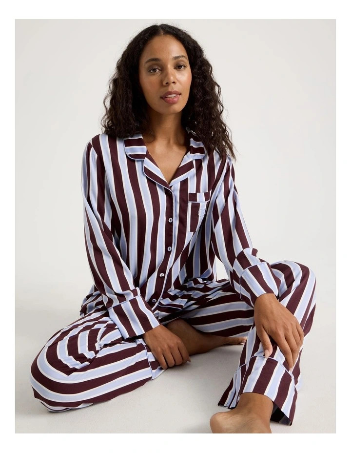 Chloe & LolaSerene Viscose Long Sleeve PJ Set in Burnt Fig Stripe Print | Myer