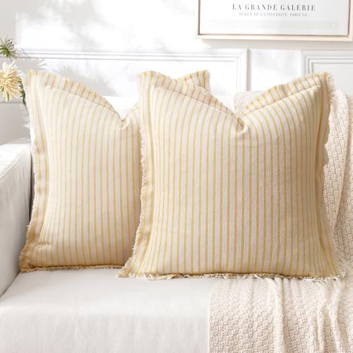 MIULEE Pack of 2 Yellow Pillow Covers 24x24 Inch Striped Farmhouse Couch Spring Throw Pillow Covers with Fringe Chic Cotton Decorative Cushion Covers for Sofa Living Room Bed Outdoor Home Decor | Amazon (US)