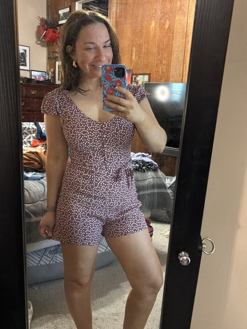 Express mauve white polkadot romper | Poshmark