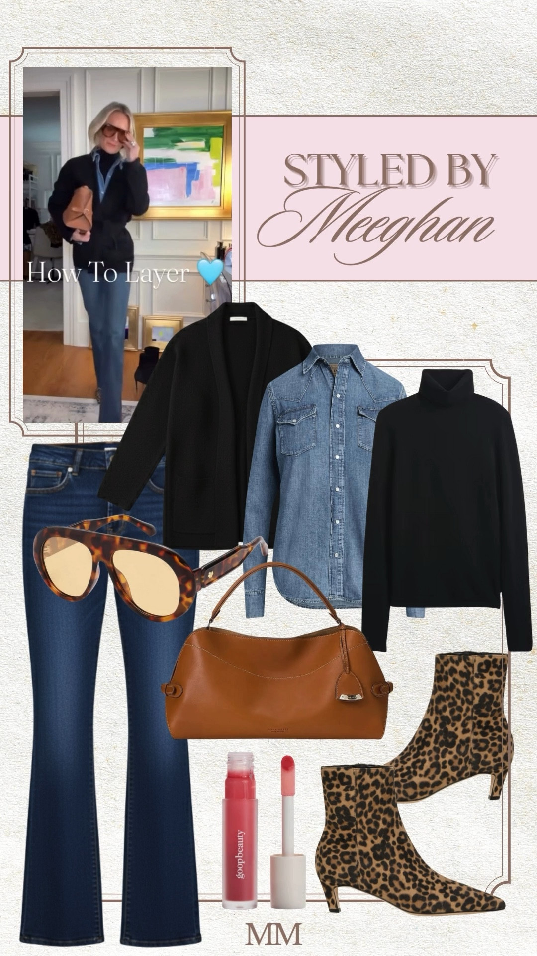 Fall layered outfit idea featuring a black turtleneck, denim button down shirt, and black cardigan styled with high waisted flared jeans. Finished with leopard print ankle boots, tortoiseshell sunglasses, a brown shoulder bag, and a neutral everyday lip. This classic casual chic outfit is perfect for fall, winter layering, everyday errands, casual work outfits, and effortless elevated style.

[fall outfit ideas layered outfits denim shirt outfit flared jeans outfit leopard boots outfit casual chic outfit everyday fall style neutral fall outfit LTK fall finds]

#LTKootd #LTKOver40