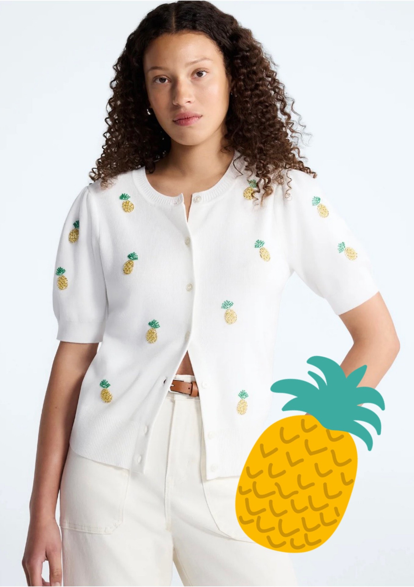 Pineapple Beaded Cardigan from Walmart 🍍🤍

This adorable pineapple beaded cardigan is such a fun summer find! The puff sleeves and scattered beaded pineapples give it a designer-inspired look at an affordable price point. Perfect paired with white denim, shorts, or layered over a sundress for vacations, brunch, resort wear, and summer gatherings. A cheerful piece that adds a pop of personality while still feeling classic and preppy. 🍍✨🤍

Pineapple cardigan, summer cardigan, beaded cardigan, Walmart fashion find, resort wear, vacation outfit, preppy summer style, white cardigan, fruit print fashion, affordable summer fashion 🍍☀️💙

#LTKOver40 #LTKSeasonal #LTKWorkwear