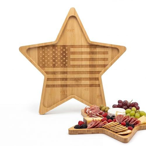 Patriotic Charcuterie Board with USA Flag, American 250th Anniversary Dish Board 11.8 Inch Wooden Star Shaped Serving Tray Kitchen Board for USA 4th of July Party Decoration Fruit Snacks Vegetable | Amazon (US)