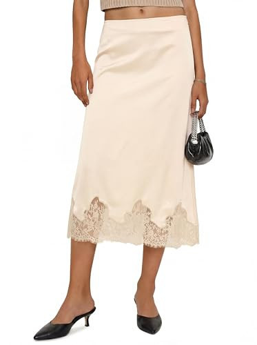 Cicy Bell Womens Silk Satin Midi Skirts Casual Dressy Lace Hem High Waisted A-Line Skirt Elegant Party Cocktail Outfit Champagne | Amazon (US)