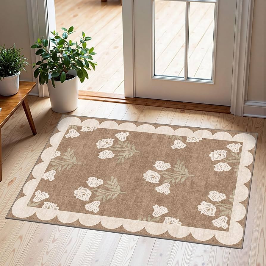 Front Door Mat Outside Entrance - 2x3 Floral Non-Slip Washable Doormat Indoor Outdoor Mat Tan Neu... | Amazon (US)