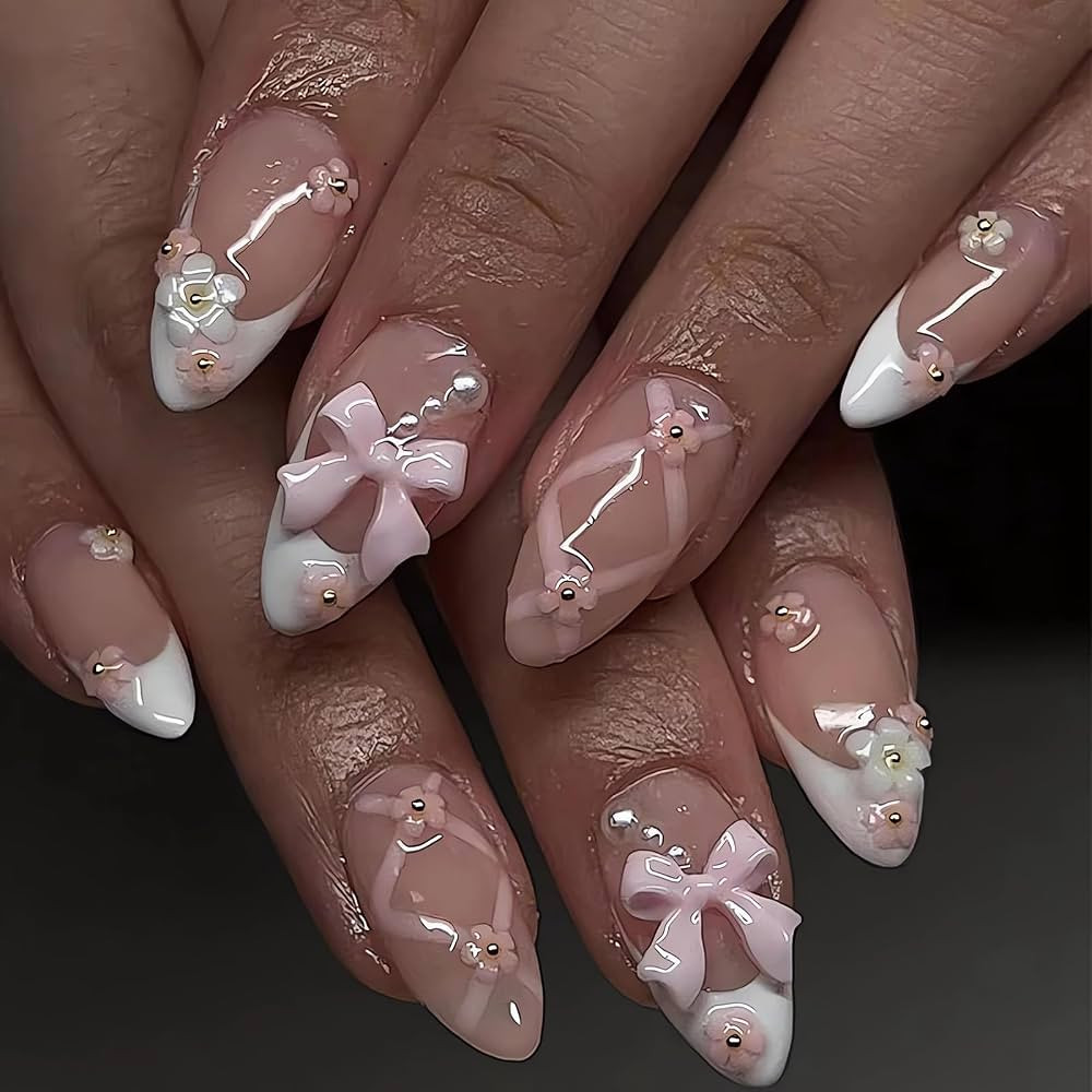 Jewl Aoer Press on Nails Short Almond Pink Artificial Fake Nails 3D Bow Tie Flower Stick On Nails... | Amazon (CA)