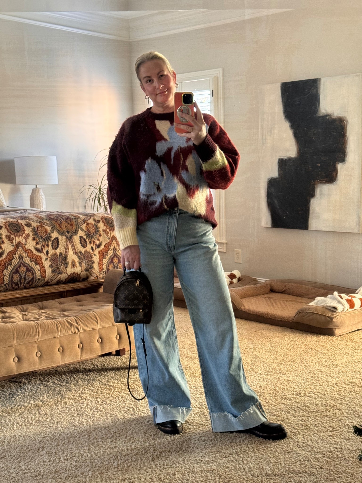 Last minute shopping 
Wearing size M in the fluffiest and softest sweater!  Love the blurry floral print.  Jeans and wide leg cuffs from The Loft and feel like Im wearing sweatpants 

Baggy jeans, wide leg jeans, comfortable jeans, soft jeans, cozy sweaters, gifts for her

#LTKmomlife #LTKootd #LTKgrwm
