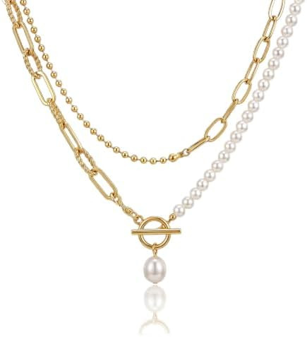 Layered Pearl Choker Necklace Jewelry for Everyday Office Wear Half Cuban Chain Front Toggle Clas... | Amazon (US)