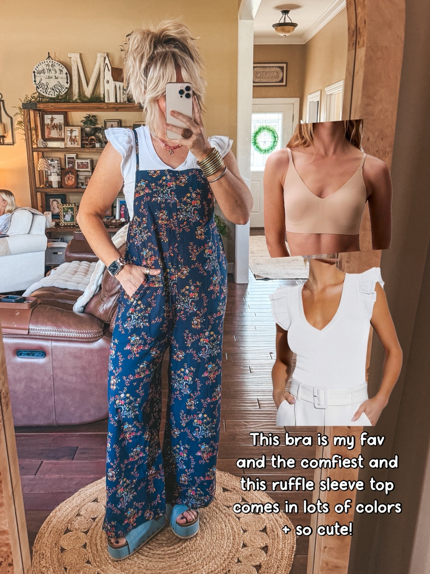 This jumpsuit is the cutest and this ruffle sleeve top is perfect under it! This is my FAV bra! It’s so comfy and I’ve tried to many always go back to this one! 
Top M
Jumpsuit M
Sandals linked similar 
#springoutfit #amazonfashion #jumpsuit 

#LTKootd #LTKOver40