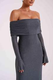Marcel Off Shoulder Diamante Maxi Dress - Gunmetal | MESHKI US