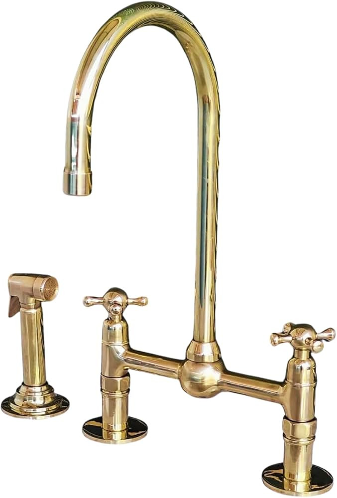 Unlacquered Solid Brass Bridge Faucet, Deck Mount Kitchen Sink Faucet with Straight Legs, Double ... | Amazon (US)