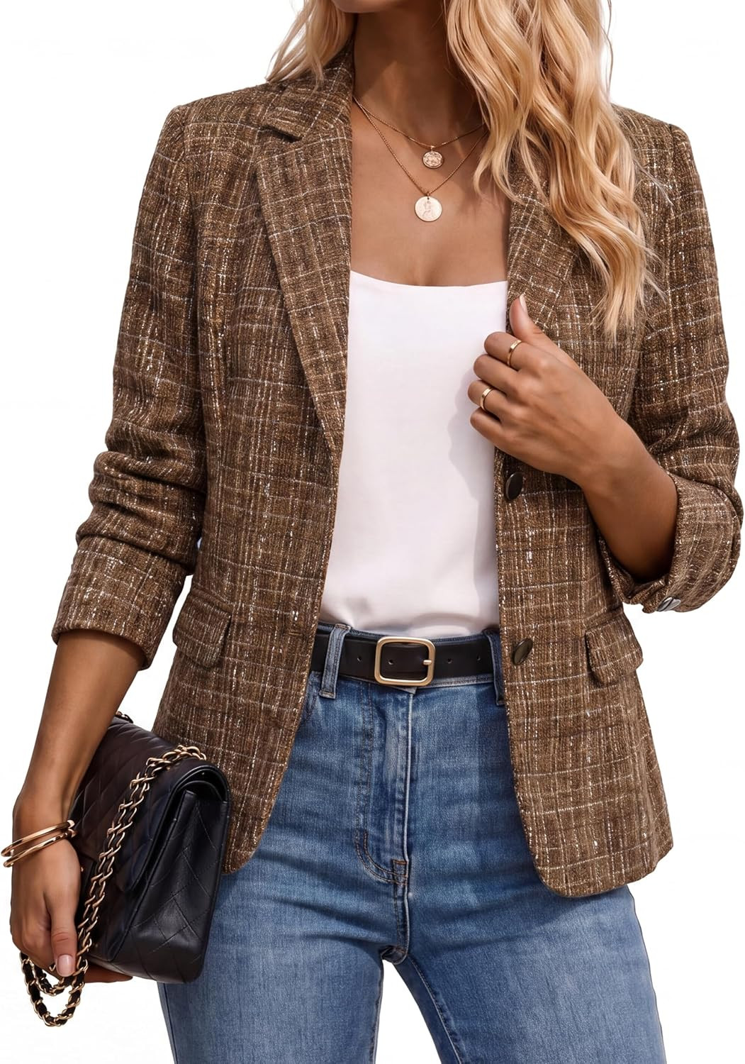 Womens Tweed Blazer Jacket Plaid Sequin Long Sleeve Casual Blazers | Amazon (US)