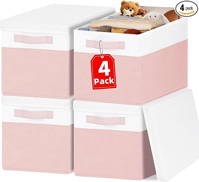 Large Closet Organizer Bins with Lids 4 Pack - 23 QT Collapsible Decorative Storage Boxes with Li... | Amazon (US)