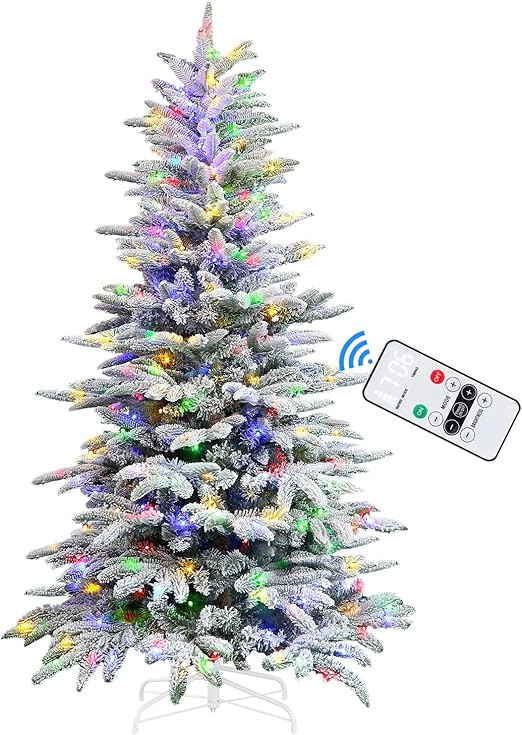 Alupssuc 6ft Prelit Artificial Hinged Snow Flocked Christmas Tree, Warm White&Multi-Color Lights ... | Amazon (US)