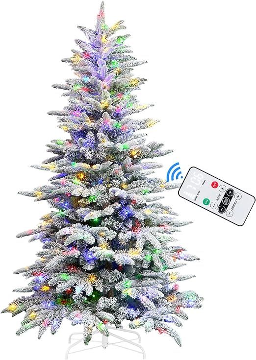 Alupssuc 6ft Prelit Artificial Hinged Snow Flocked Christmas Tree, Warm White&Multi-Color Lights ... | Amazon (US)