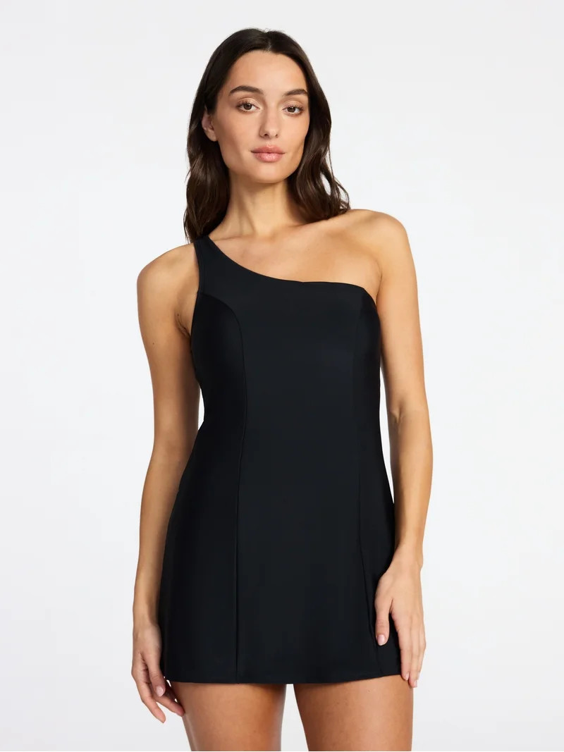 Time and Tru Women's and Women's Plus Size One Shoulder Swim Dress, Sizes XS-3X | Walmart (US)