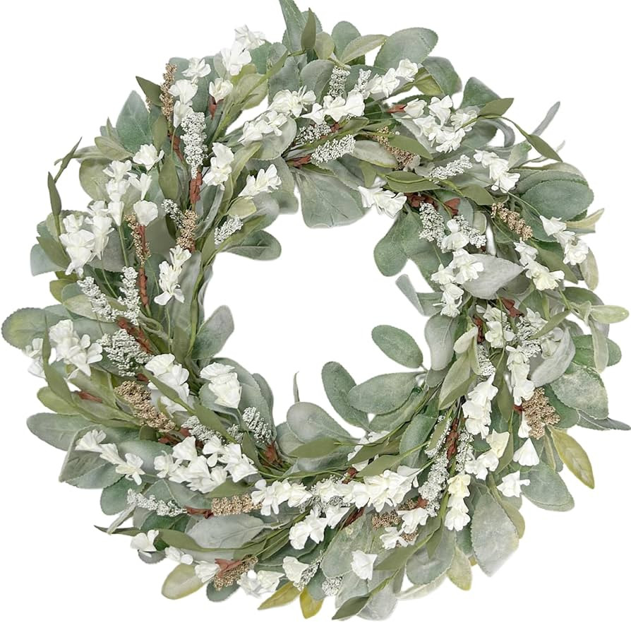 22 Inch Spring Summer Lamb Ears Leaves Wreath with Ivory Forsythia Flower, Year Round Greenery Fl... | Amazon (US)