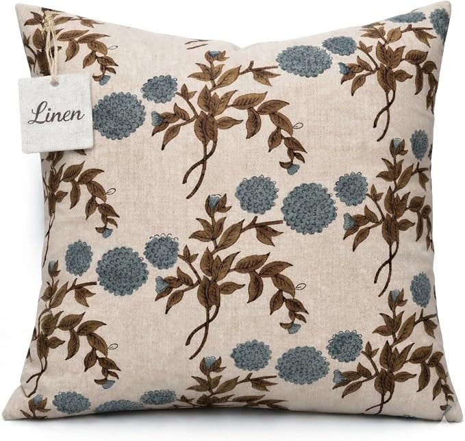Linen Blue Throw Pillow Covers 20x20 inch Floral Pillows Spring Decorative Pillow Covers for Livi... | Amazon (US)