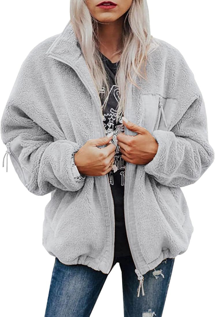 BTFBM Women 2022 Fall Winter Fleece Jackets Full Zip Long Sleeve Casual Soft Fuzzy Shaggy Teddy C... | Amazon (US)