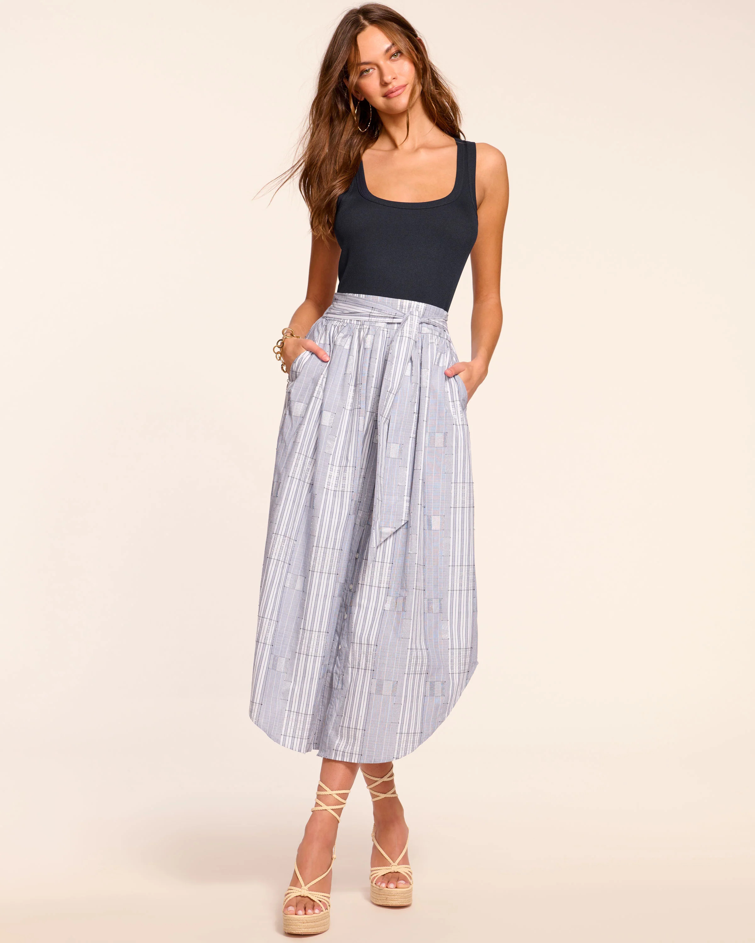 Aralyn Poplin Combo Sleeveless Midi Dress in Navy Patchwork | Ramy Brook