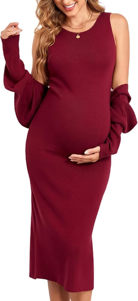 V FOR CITY Maternity Dress Sweater Two Piece Sets for Women Bodycon Dresses Tank Slit Cropped Car... | Amazon (US)