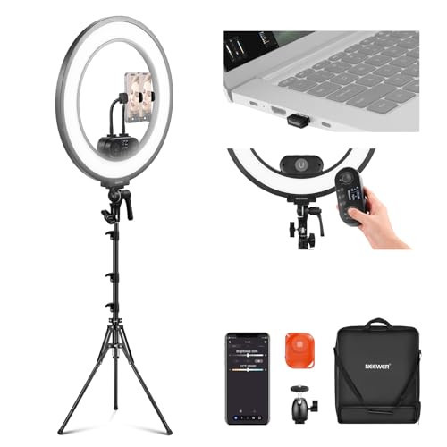 NEEWER 18 Inch Edge Lit Ring Light with Tripod Stand Phone Holder Compatible with iPhone for Video Recording Selfie Makeup Studio Streaming, 45W 2900-7000K APP 2.4G Control Ringlight Lighting, RL45B | Amazon (US)