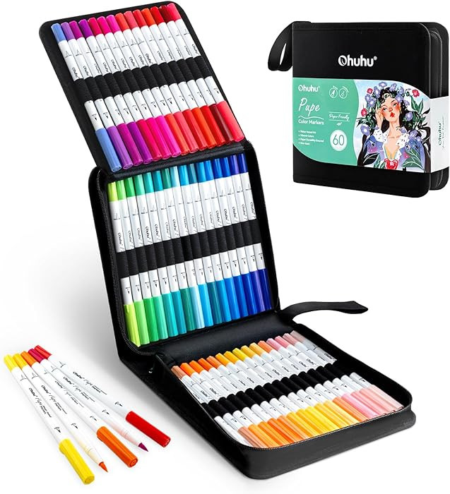 Ohuhu Markers Paper-friendly No Peeling Water-based 60 Colors Dual Brush Fineliner Tips Markers f... | Amazon (US)