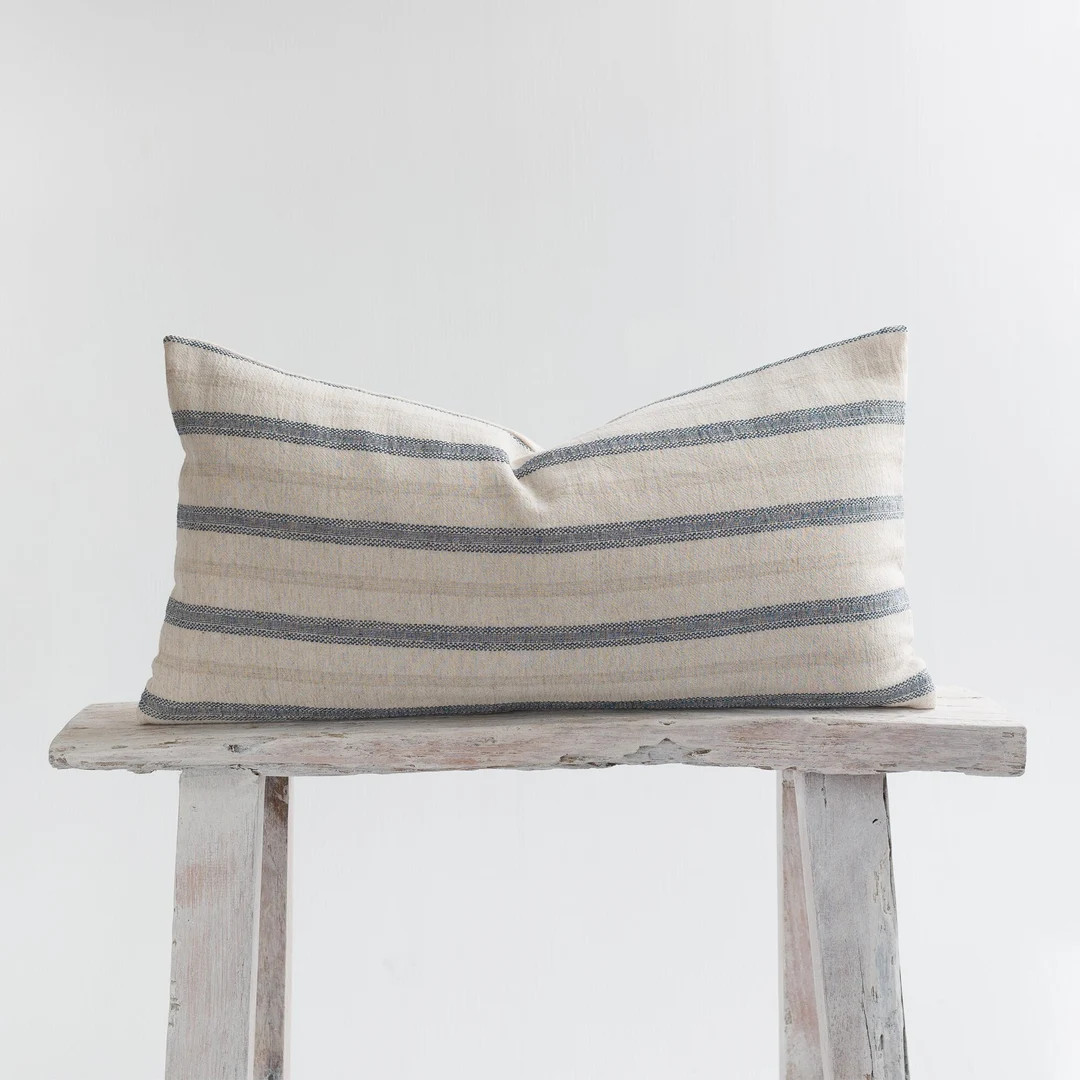 Rustic Linen X Cotton Blue Navy Striped Lumbar Pillow Cushion Cover, Beige Oatmeal Fabric, Farmho... | Etsy (US)