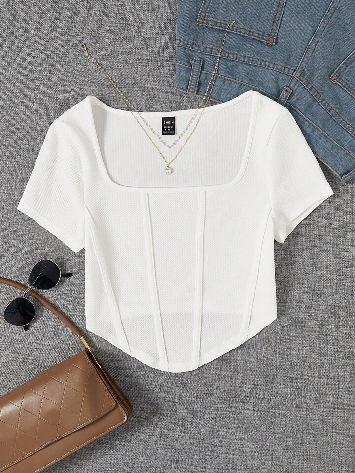 SHEIN EZwear Summer Outfit Square Neck White Seam Front Tee | SHEIN