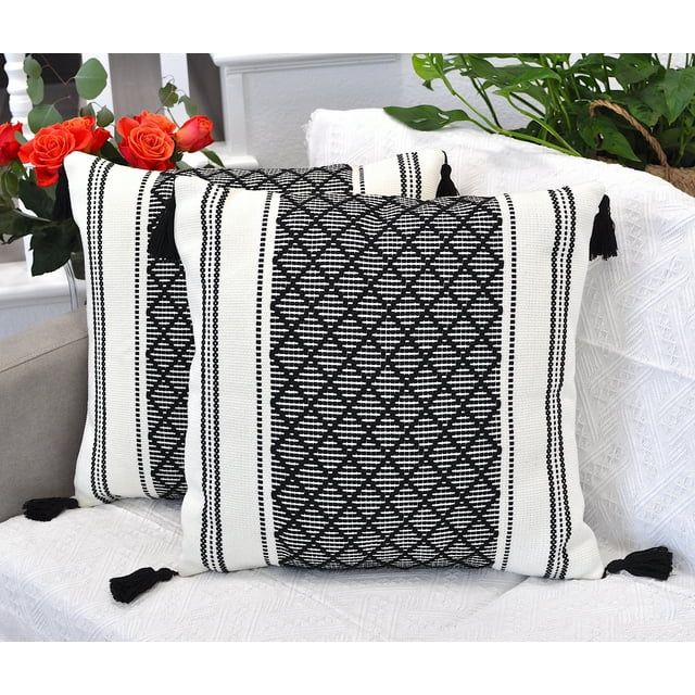 Decorative Pillow Covers with Tassels, 18x18 Inches, Black and Off White (Set of 2) | Boho Pillow... | Walmart (US)