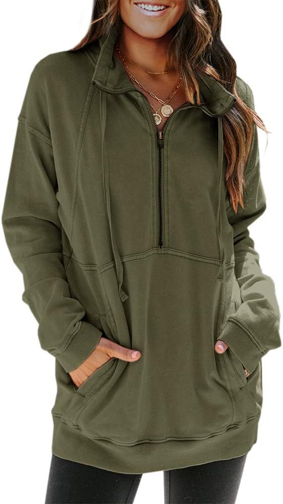 Dellytop Womens Half Zip Up Sweatshirts Pocket Long Sleeve Casual Loose Pullovers Drawstring Hood... | Amazon (US)
