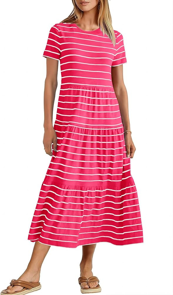 MITILLY Women's 2024 Summer Casual Short Sleeve T Shirt Dress Striped Tiered Swing Beach Maxi Dre... | Amazon (US)